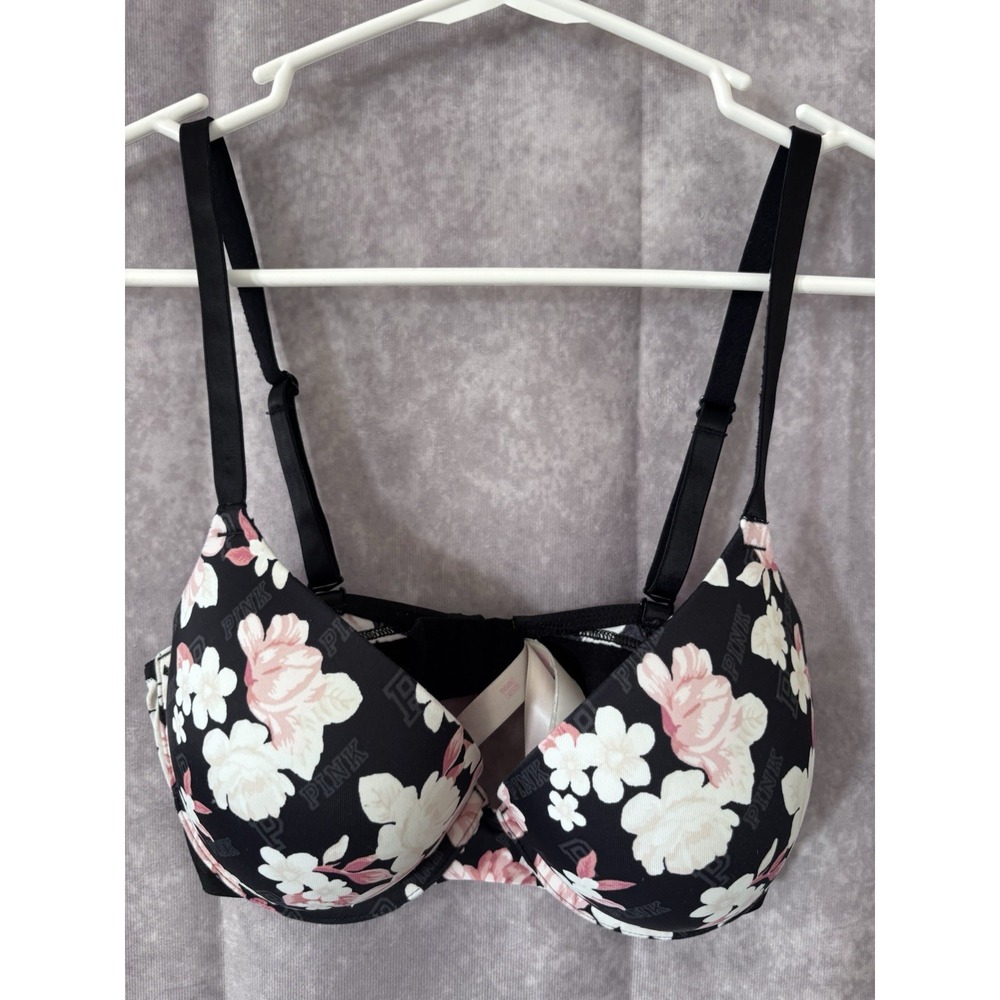 Victoria's Secret PINK Push-Up Bra Women's 34D Black Pink‎ Floral